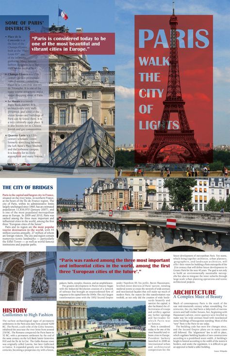 A 4-page layout brochure project for the City of Lights. Paris Travel Brochure, City Brochure Design, Paris Brochure, Travel Brochure School Project, City Brochure, Paris Mood Board, Brochure Examples, Paris Mood, Brochure Design Creative