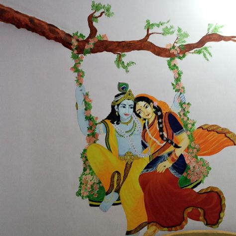 Radha Krishna painting on the swing _ Paintings _ Radha Krishna wall painting Lord Krishna Wall Painting Ideas, Radha Krishna Wall Art Painting, Ganesh Ji Wall Painting, Radha Krishna Glass Design, Wall Painting Radha Krishna, Radha Krishna Wall Painting Ideas, Radha Krishna Painting On Wall, Radha Krishna Embroidery Designs, Krishna Painting On Wall