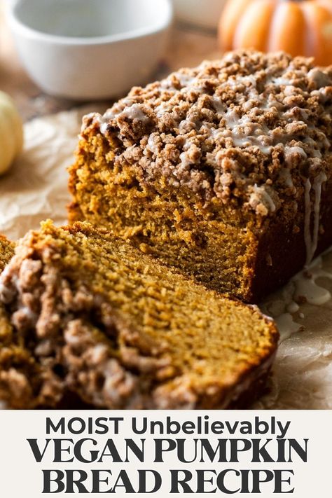 Super moist and tender, this vegan pumpkin bread recipe is truly made in one bowl and honestly rivals the Starbucks pumpkin loaf. Perfectly spiced and topped with either a cinnamon streusel or vegan cream cheese icing for the moist MOIST and soft pumpkin bread you'll ever have, vegan or not! Starbucks Pumpkin Loaf, Vegan Cream Cheese Icing, Vegan Pumpkin Bread, Vegan Pumpkin Recipes, Fall Vegan Recipes, Pumpkin Loaf, Vegan Baking Recipes, Cinnamon Streusel, Vegan Thanksgiving Recipes