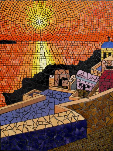 Santorini Sunset mosaic mural Mosaic Waves, Mosaic Mural, Santorini Sunset, Mosaic Madness, Mosaic Stained, Mosaic Tile Art, Mosaic Murals, Mosaic Garden, Mosaic Projects