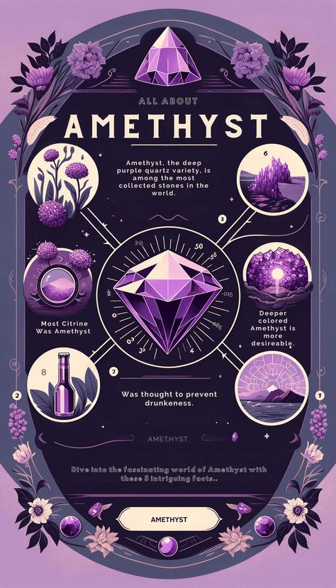 Dive into the fascinating world of Amethyst with these 5 intriguing facts. Learn about its ancient belief as a remedy for drunkenness, its unique iron-induced purple coloration, its status as a precious stone, its transformation into citrine, and its surprising fragility. Facts You Didnt Know, Fascinating Facts, Surprising Facts, Witchy Woman, Purple Crystal, Delicate Jewelry, Purple Crystals, Precious Gemstones, Amethyst Crystal