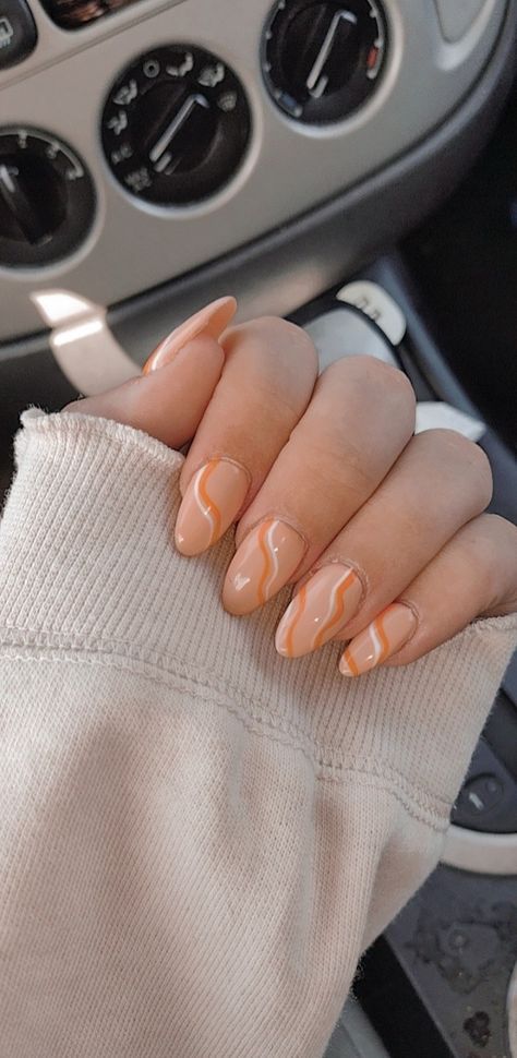 Wavy Line Nails, Line Nails, Dance Nails, Line Nail Designs, Leaf Nail Art, Cute Almond Nails, Orange Acrylic Nails, Hoco Nails, Line Nail Art