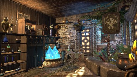 Alchemy area/entrance. #ESO housing project by Coco Michelle Eso Housing Ideas, Eso Houses, Skyrim Interior, Skyrim Alchemy, Alchemist Room Concept Art, Steampunk Hideout, Cardboard Decorations, Eso Housing, Elder Scrolls Online Housing