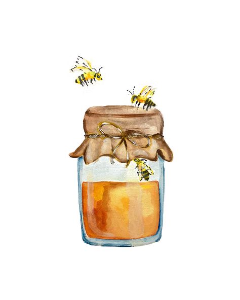 Print of a hand-painted, watercolor honey in a mason jar with bees. Great for kitchens, bedrooms, gallery walls, bar carts, dorm rooms, or gifts.  Design custom art and signage with this digital file. Doodles With Watercolor, Watercolor Art For Kitchen, Honey Drawing Cute, Mason Jar Art Paintings, Bees Watercolor Painting, Bee Design Art, Honey Pot Drawing, Honey Doodle, Items To Paint