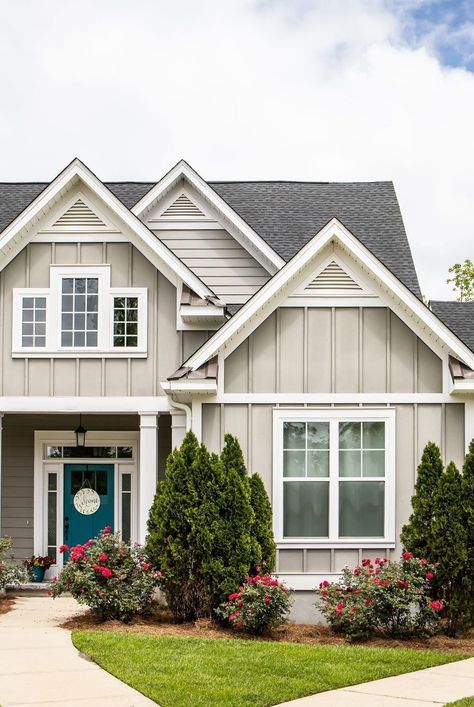 Vertical Siding Exterior Ranch Style, Board And Batten Beach House Exterior, Exterior House Board And Batten, Board And Batten Cape Cod Exterior, Exterior Siding Ideas For Small House, Homes With Board And Batten Siding, Colored Board And Batten Exterior, House Exterior Material Ideas, Brown Roof Grey House