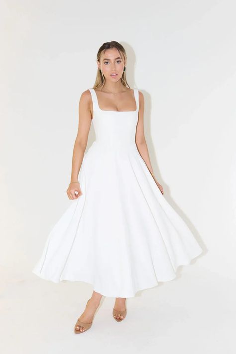 White Corset Midi Dress, Mid White Dress, Odd Muse Wedding Dress, White Midi Wedding Dress, White Tea Dress, Odd Muse White Dress, Simple Wedding Dress Courthouse, White Midi Dress Outfit, Square Neck White Dress