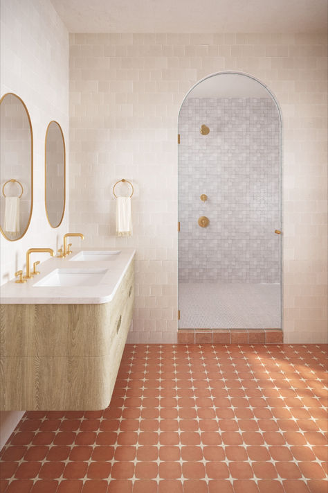 Bathroom design with terracotta tile floor, white tile wall, and stacked mosaic shower with brass fixtures. Ann Sacks Tiles, Serene Bathroom, Ann Sacks, Bathroom Inspiration Decor, Style Tile, Laundry In Bathroom, Glass Shower, Spring 2024, Bathroom Flooring