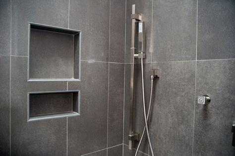 grey tile Shower Storage Solutions, Recessed Shelf, Tile Shower Niche, Shower Remodel Diy, Gray Tile, Recessed Shelves, Small Shower Remodel, Shower Over Bath, Shower Storage