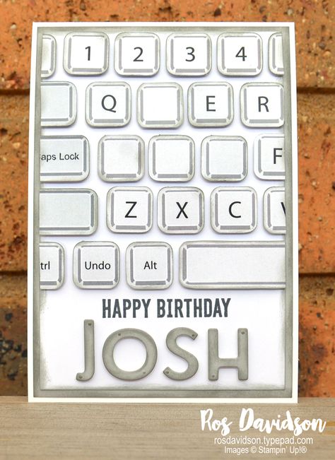 Computer gamer 17th birthday card featuring itty bitty birthdays and happiest of birthdays stamp sets and playful alphabet dies from the 2020 - 2021 Stampin' Up! annual catalogue #stampinup #birthday #teenager #17 #playfulalphabet #happiestofbirthdays #ittybittybirthdays #silhouette #keyboard Computer Cards Handmade, Computer Birthday Cards, Tech Support Stampin Up Cards, Gamer Birthday Cards, Gamer Crafts, 17th Birthday Card, Computer Card, Teenage Cards, Play Computer