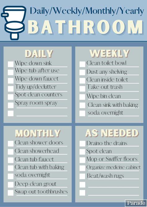 These 10 Printable Bathroom Cleaning Guides Will Help Get Your Restroom Sparkling Clean | Parade: Entertainment, Recipes, Health, Life, Holidays Bathroom Checklist, Bathroom Cleaning Tips, Bathroom Cleaning Checklist, Baking Organization, Clean Your Bathroom, Clean Shower Doors, Deep Clean Bathroom, Cleaning Checklists, Cleaning Checklist Printable