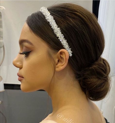 Sleek Wedding Hairstyles Classy, Sleek Bridal Bun With Headband, Wedding Bun With Headband, Bridal Headband Updo, Bridal Hair Veil Updo, Bride Hairstyles With Headband, Bridal Updo With Headband, Sleek Wedding Updo, Sleek Wedding Hair