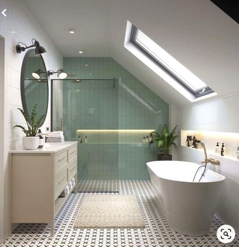 Attic Room Bathroom, Roof Window Bathroom, Sloping Roof Bathroom, Loft Bathroom Ideas Sloped Ceiling With Bath, Dorma Loft Bathroom, En Suite In Eaves, Bathroom With Velux Window, Velux Bedroom Ideas, Walk In Shower Window