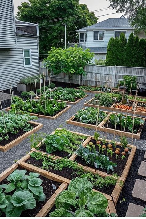 A backyard vegetable garden with multiple raised wooden beds, filled with various leafy greens and plants, surrounded by gravel paths and a wooden fence. Vege Garden Inspiration, Garden Patch Ideas, Front Yard Food Garden, Tiny Backyard Garden, Garden Planning Ideas, Backyard Vegetable Garden Design, Backyard Vegetable Garden Ideas, Veggie Garden Ideas, Kitchen Garden Ideas