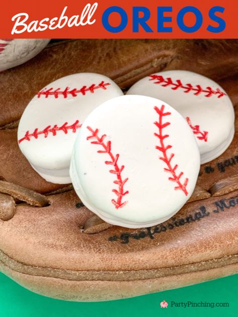 Baseball Oreo Balls, Baseball Desserts Ideas Treats, Baseball Themed Party Food, Baseball Potluck Ideas, Baseball Party Cookies, Baseball Brownies, Baseball Oreos, Baseball Graduation Party Ideas, Baseball Themed Food