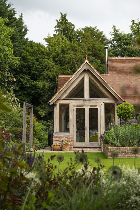 Surrey Manor House Garden Room | Border Oak Feature Brick Wall, Rustic Sunroom, Border Oak, English Farmhouse, Modern Country Style, House Restoration, The Courtyard, Modern Farmhouse Plans, House Extensions