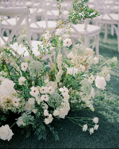 Floor Bouquet, Wedding Alter Flowers Ground, Ground Aisle Arrangements, White Aisle Flowers, Wedding Alter Ground Florals, Ground Florals Wedding Aisle, Floral Meadow Wedding Ceremony, Ceremony Ground Florals, Calamigos Ranch Wedding