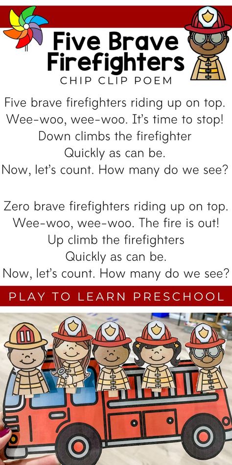 Children love learning how community helpers serve and protect their community every day, so this firefighter poem is perfect. Not only do they learn about community helpers, but they practice math concepts such as addition, subtraction, counting, and numbers. #preschoolactivity #mathconcepts #communityhelpers Learning About Firefighters, Community Helpers Preschool Circle Time, Firefighter Songs For Preschool, Firefighter Community Helper Activities, Five Little Firefighters, Community Helpers Preschool Songs, Community Helpers Preschool Activities Crafts, Safety Helpers Preschool Activities, Fire Safety Songs For Preschool