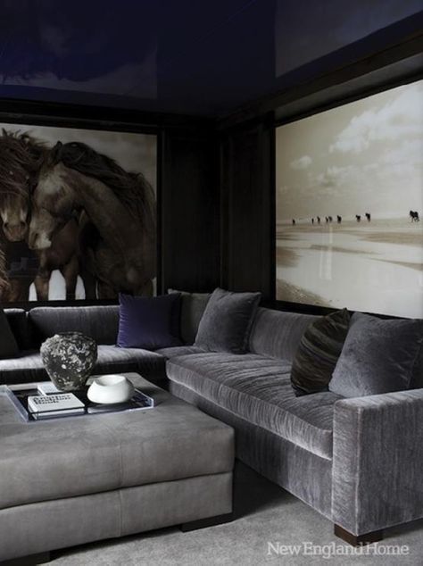 Fantastic media room with glossy blue lacquer walls & ceiling, horse art, steel gray velvet sectional sofa and  ottoman Living Room Ideas For Men, Room Ideas Men, Masculine Living Rooms, Lacquered Walls, Dark Living Rooms, Blue Ceilings, New England Homes, Design Del Prodotto, Room Decorating