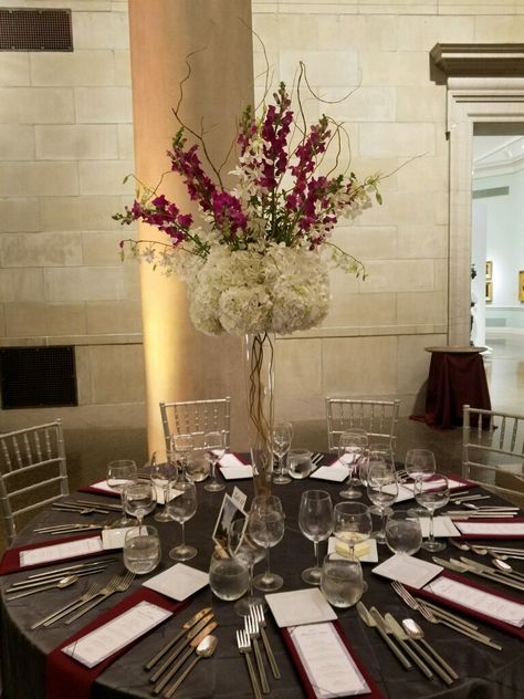 BMA wedding tables set with gray linens and burgundy and white flowers. #reception#burgundyandwhite,orchids#hydrangea#curlywillow Burgundy And Gray Wedding Decorations, Burgundy And Gray Wedding, Gray Wedding Decorations, Corporate Cocktail Party, Cocktail Party Decorations, Cocktail Party Decor, Wedding Renewal, Tables Set, Gray Wedding