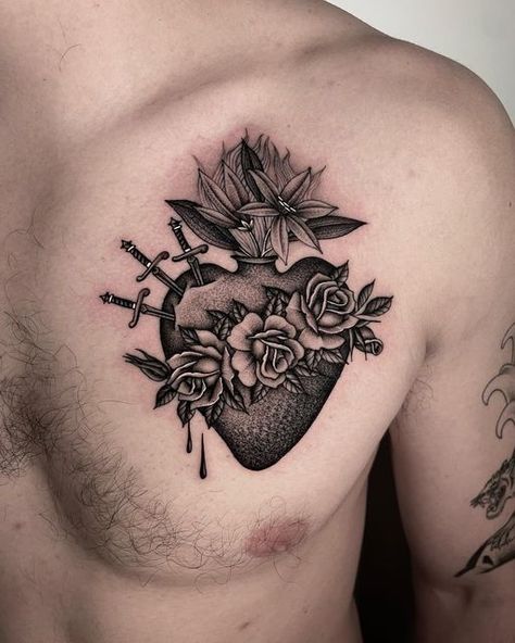 The Immaculate Heart Of Mary Tattoo, Sacred Heart Of Mary Tattoo, Immaculate Heart Tattoo, Scared Heart Tattoo, Immaculate Heart Of Mary Tattoo, Traditional Sacred Heart Tattoo, Tattoos Pulseras, Heart With Wings Tattoo, Half Sleeve Tattoo Stencils