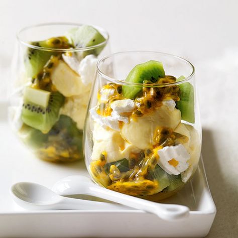 Kiwifruit, Passionfruit and Lime Curd Cream Parfaits Fruit Trifle Desserts, Classic Pavlova Recipe, Christmas Trifle Recipes, Trifle Dessert Recipes, Lime Curd, Christmas Trifle, Pavlova Recipe, Parfait Recipes, Trifle Desserts