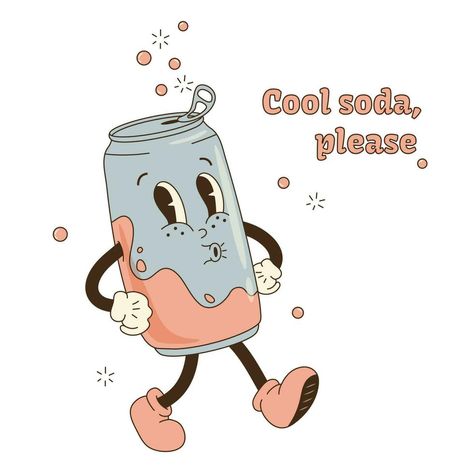 Groovy retro cartoon soda metal can character with eyes and gloved hands. Isolated flat illustration in style 60s 70s. Element for sticker, poster, social media. Vintage mascot beverage. Retro Character Illustration, Soda Cartoon, Cheesy Cards, Cartoons 60s, Gloves Illustration, Retro Character Design, Small Embroidery Designs, Vintage Mascot, Gloved Hands