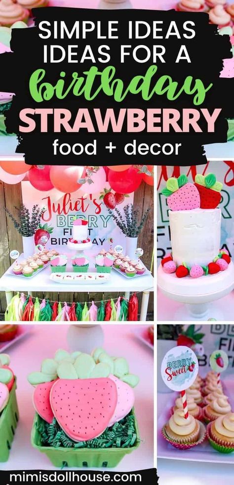 Strawberry Party Ideas for a First Birthday If you are looking for a sweet first birthday party idea for your little lady, a strawberry themed "Berry First Birthday" party is fun and simple to do. From sweet strawberries to fresh greens, reds and pinks. You will love these easy to recreate ideas! Planning a berry first birthday party is simple and fun.These ideas are perfect for a strawberry party with fun colors and sweet greenery. #springbirthday #firstbirthdayparty #strawberrybirthday Sweet One First Birthday Theme Strawberry, Food For Berry First Birthday, Berry First Birthday Snack Ideas, Strawberry First Birthday Theme Decor, Berry Birthday Party Food, Berry Sweet First Birthday, Diy Berry First Birthday Decorations, Strawberry Themed 1st Birthday Desserts, Strawberry Birthday Party Food