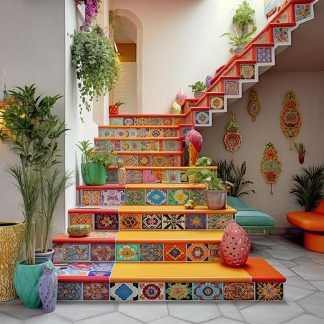 Stairway to Boho Bliss: Vibrant Artistic Designs & Lush Greenery Moderne Have, Hacienda Style Homes, Interior Design Your Home, Mexican Home Decor, Mexican Home, Dekor Diy, Home Stairs Design, Mexican Decor, Cozy Room Decor