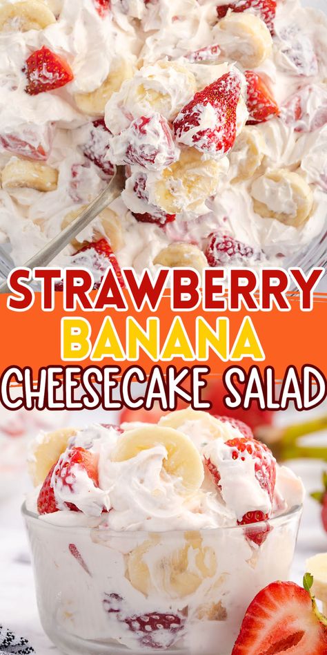 Cheesecake Salad Recipe, Strawberry Banana Cheesecake Salad, Strawberry Cheesecake Salad, Cheesecake Fruit Salad, Cheesecake Salad, Easy Fruit Salad Recipes, Homemade Whipped Cream Recipe, Salad Summer, Banana Cheesecake