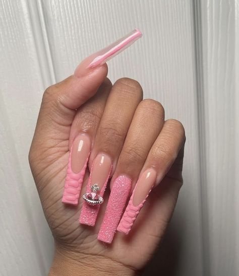 Pink Diamond Acrylic Nails, Square Nails Ideas Long Pink, March Hairstyles, Ice Nails, Acrylic Nails Yellow, Beige Nails Design, Disney Acrylic Nails, Acrylic Toe Nails, Punk Nails