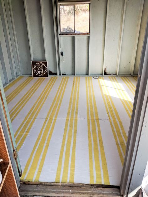 Painted Plywood Striped Floor - The Playhouse - My Happy Simple Living Playhouse Flooring Ideas, Small Playhouse Interior, Painted Playhouse, Painted Plywood Floors, Diy Painted Floors, Playhouse Interior, Plywood Floors, Striped Floor, Cottage Garden Sheds