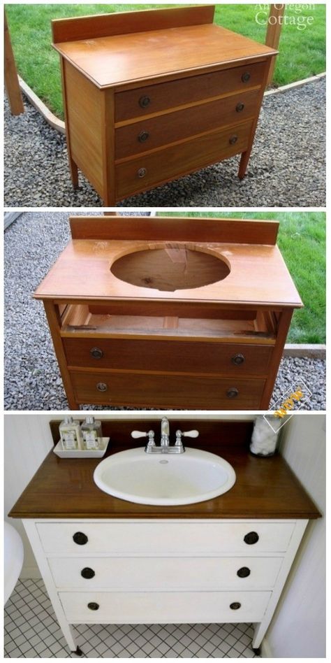 Upcycled Furniture Bathroom Vanity, Old Dresser For Bathroom Vanity, Vanity Out Of Dresser, Diy Shower Dispenser, Upcycled Bathroom Vanity Ideas, Bathroom Vanity Dresser Diy, Convert Dresser To Bathroom Vanity, Diy Vanity Bathroom, Old Dresser Makeover