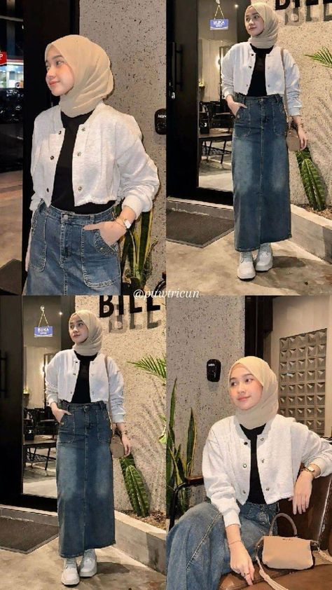 Scerts Model Hijab, Jeans Outfit Muslim Women, Rok Jeans Hijab Ootd, Ootd Rok Jeans Hijab, Ootd Rok Jeans, Ootd Hijab Casual Jeans, Celana Jins Wanita, Outfit Hijab Casual Rok, Skirt Outfits Hijab