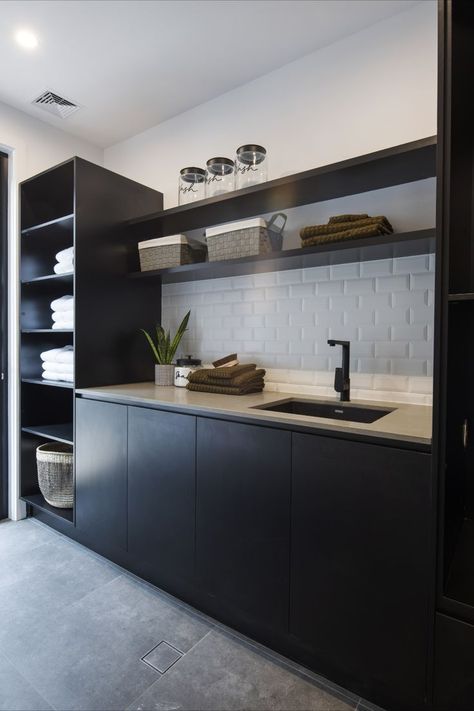 laundry-room-ideas-dark-colours Laundry Dark Cabinets, Black Laundry Room Ideas Modern, Modern Black Laundry Room, Laundry Room Ideas Dark Cabinets, Black Subway Tile Laundry Room, Black Laundry Cabinets, Laundry Room Cabinets Modern, Black Tile Laundry Room, Black Utility Room