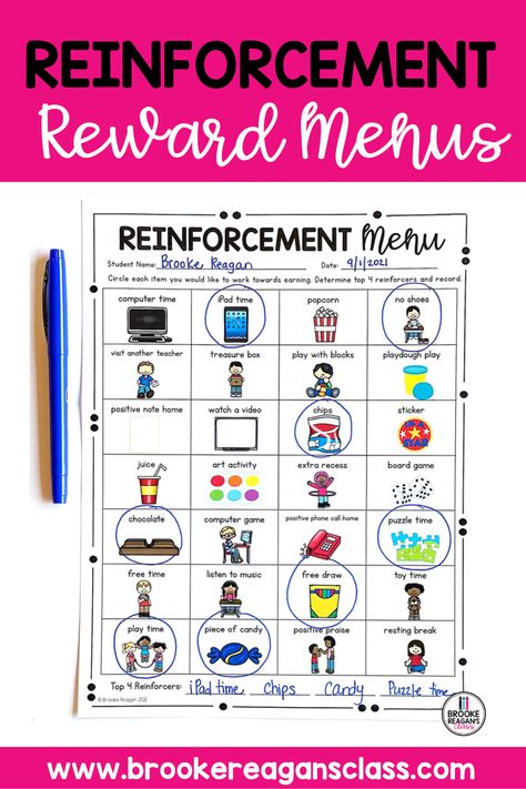 Positive reinforcement menus for student classroom reward ideas. Student classroom reward ideas and tips. Classroom positive reinforcement idea for teachers. Visual positive reinforcement menus. Classroom behavior visuals for behavior reward choices. Positive Reinforcement Chart, Positive Reinforcement Ideas, Behavior Visuals, Reinforcement Ideas, Positive Reinforcement Kids At Home, Positive Reinforcement In The Classroom, Reward Systems For Classrooms, Prek Behavior Incentives, Positive Reinforcement In The Classroom Behavior Rewards