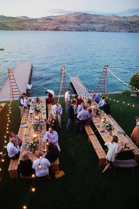 Lake House Wedding, Wedding Backyard Reception, Deco Champetre, Cottage Wedding, String Lights Wedding, Lakeside Wedding, Lake Wedding, Wedding Planners, Backyard Wedding