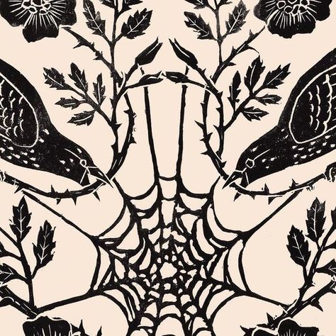 Kelly Louise Judd on Instagram: "Tangle Rose block print 🕸️ . . . . . . . . . . #art #printmaking #illustration #linocut #blockprint #spiderweb #birds #rosevines #rosegarden #gardenmagic #kellylouisejudd" Lino Inspiration, Printmaking Illustration, Tattoos Man, Block Print Art, 2023 Moodboard, Art Printmaking, Lino Art, Fairy Goth, Stamp Carving