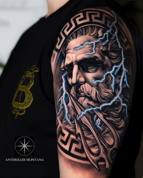 Greek God Tattoo, Poseidon Tattoo, Lightning Tattoo, Zeus Tattoo, Spartan Tattoo, Greek Mythology Tattoos, Mythology Tattoos, Geniale Tattoos, Greek Tattoos