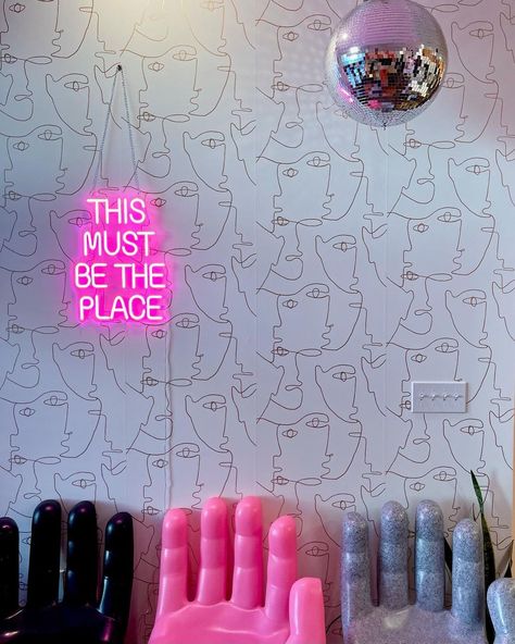 Funky Airbnb Design, Neon Sign Bedroom Ideas, Nashville Airbnb Decor, Funky Airbnb, Fun Airbnb, Bachelorette House, Nashville Airbnb, Pink Velvet Couch, Photo Studio Design