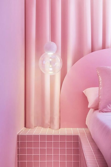 Pink Bathroom Tiles, Pink Apartment, Pink Headboard, Monochromatic Room, Pink Paint Colors, Minimalist Bedroom Decor, Pastel Interior, Pink Shower Curtains, Holiday Apartment