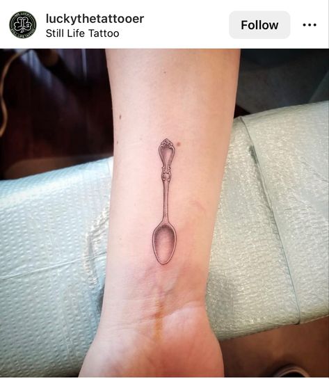 Silver Spoon Tattoo, Silverware Tattoo, Spoon Tattoo Ideas, Spoon Tattoo, Nail Piercing, Tattoo Shoulder, Vintage Spoons, Tat Ideas, Silver Spoons