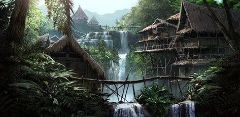 Jungle Village, Fantasy Village, Heroic Fantasy, Fantasy City, Fantasy Setting, Fantasy Places, Fantasy Art Landscapes, Environment Design, Fantasy Inspiration