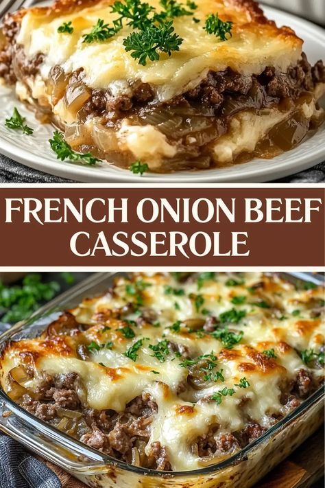 This French Onion Beef Casserole brings all the comfort of French onion soup into a hearty, satisfying casserole. Caramelized onions, tender beef, and pasta come together under a layer of melty cheese. It's easy to make, full of flavor, and perfect for weeknight dinners or family gatherings. Plus, it's customizable—add mushrooms or your favorite veggies! Pin this recipe and try it out! Onion Beef Casserole, French Onion Beef Casserole, Ground Beef Noodles, French Onion Beef, Yummy Casserole Recipes, Beef Noodles, French Fried Onions, Tater Tot Casserole, Beef Casserole Recipes