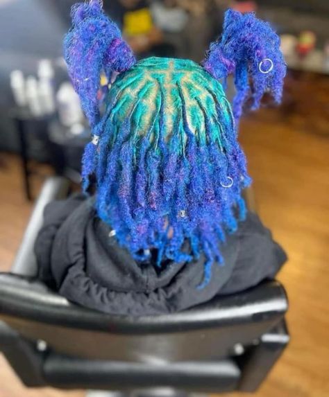 Locs Hairstyles With Color, Green And Black Locs, Blue And Green Locs, Blue And Purple Locs, Two Toned Locs, Dark Purple Locs, Turquoise Locs, Reverse Ombre Locs, Midnight Blue Locs