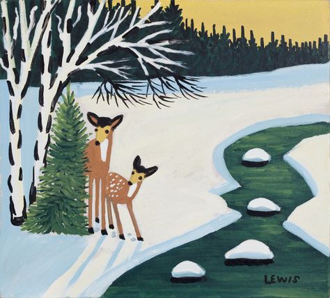 Deer by the Stream  Maud Lewis        oil on board (11.75x12.75 in) circa 1956 at Mayberry Fine Art Toronto, June 1 - 30, 2013 Maudie Lewis, Maud Lewis, Canadian Art, Paintings I Love, Winter Art, June 1, Outsider Art, Canadian Artists, Cat Painting