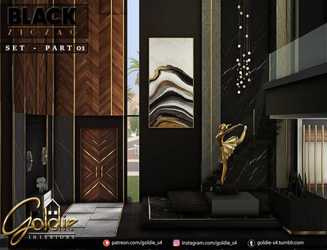 Vertical Wood Siding, Black Marble Floor, Sims 4 Cc Furniture Living Rooms, Witchy House, White Marble Floor, Sims Building, Black Living Room, Sims 4 Teen, Neutral Wallpaper