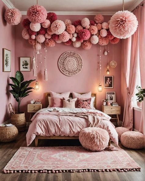 20 Pretty Pink Boho Style Bedroom Ideas You Have To See – ToolzView Pink And Mustard Boho Bedroom, Pink Boho Glam Bedroom, Boho Pink Toddler Room, Modern Pink Room Ideas, Pink Bedroom Boho, Small Pink Room Ideas, Pink Rooms Ideas, Earthy Pink Bedroom, Colourful Boho Bedroom