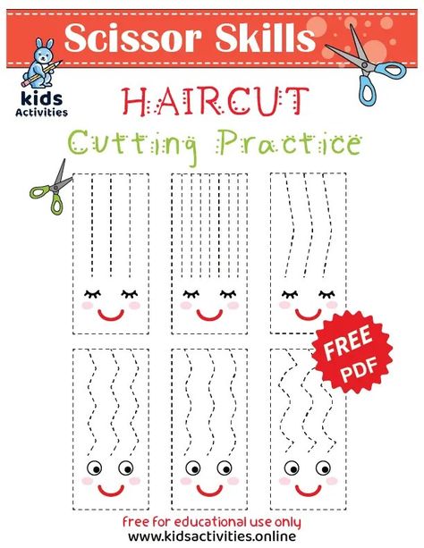 Haircut Scissor Skills Worksheets, Free Printable ⋆ Kids Activities Hair Dressing Activities For Preschool, Using Scissors Activities, Kindergarten Scissor Activities, Haircut Preschool Activities, Learn To Use Scissors, Scissor Skills Kindergarten, Scissor Practice Activities, Printables For Preschoolers Free, First Grade Scissor Practice