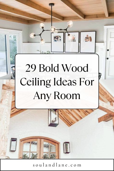 Transform your home's atmosphere with bold wood ceiling ideas that bring nature's canopy indoors, creating an impactful and inviting interior. Opt for exposed wooden beams that add architectural interest and rustic charm to any room, from the living area to the kitchen. Consider a coffered wood ceiling with rich, dark tones to add depth and elegance to formal spaces. For a modern twist, install sleek wooden panels in a herringbone pattern, offering a contemporary look with a warm, natural feel. Faux Wood Beam Ceiling Ideas, House With Wood Ceiling, Wood Ceiling Lighting Ideas, Add Wood Beams To Ceiling, Wooden Ceiling Ideas Living Rooms, Rustic Coffered Ceiling Ideas, Adding Wood To Ceiling, Kitchen Wood Ceiling Ideas, Wood Ceiling Foyer