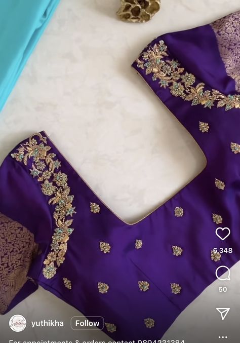 Simple Designs For Blouse Work, Dark Purple Blouse Designs, Dark Blue Aari Work Blouse, Simple Blouse Embroidery Designs Silk, Pattu Saree Blouses, Violet Colour Blouse Work Designs, Embroidery Designs Blouses, Simple Maggam Blouse Designs, Blue Color Blouse Designs